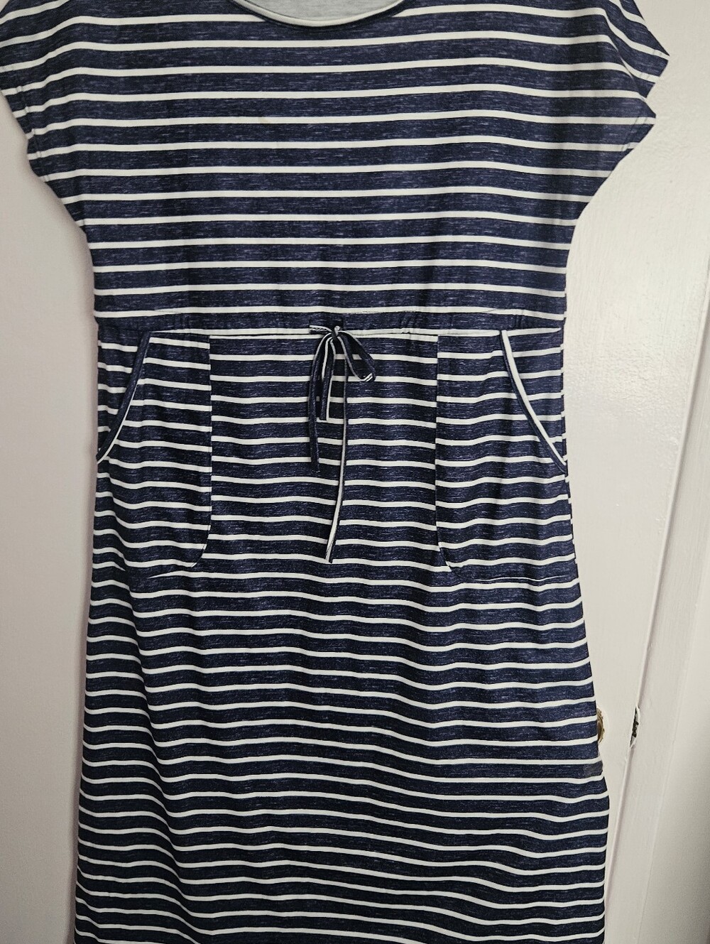 Navy and White Striped Womens Dress with Drawstring Waist